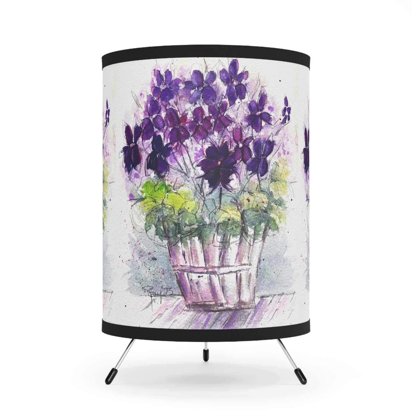 Purple Ivy Geraniums in a Basket Tripod Lamp