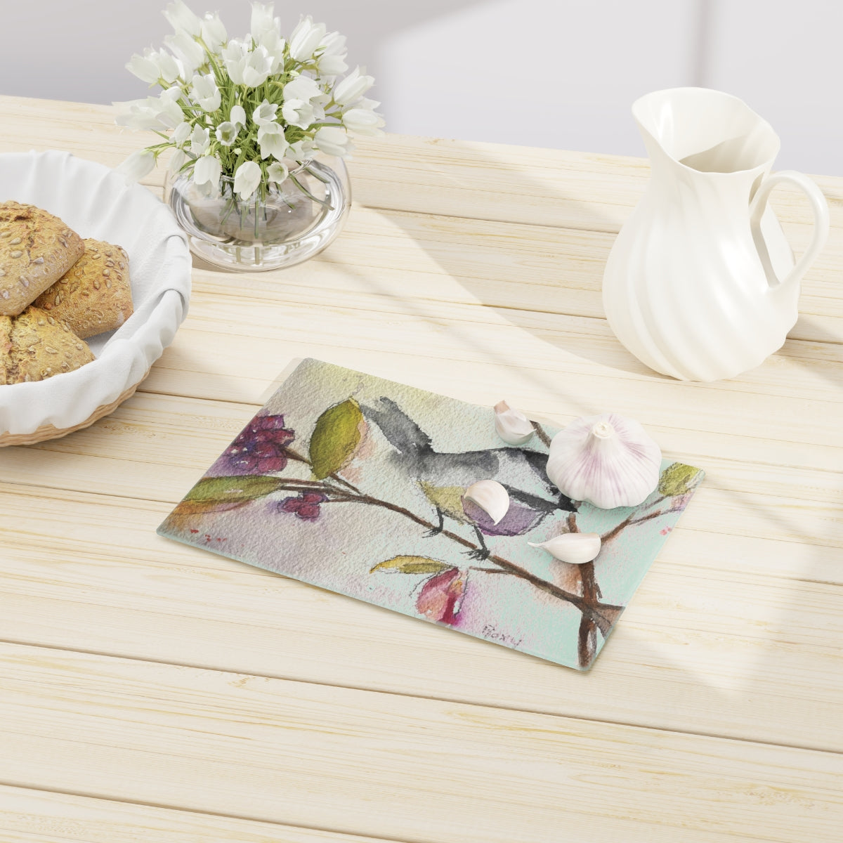 Chickadee in a Berry Tree Glass Cutting Board