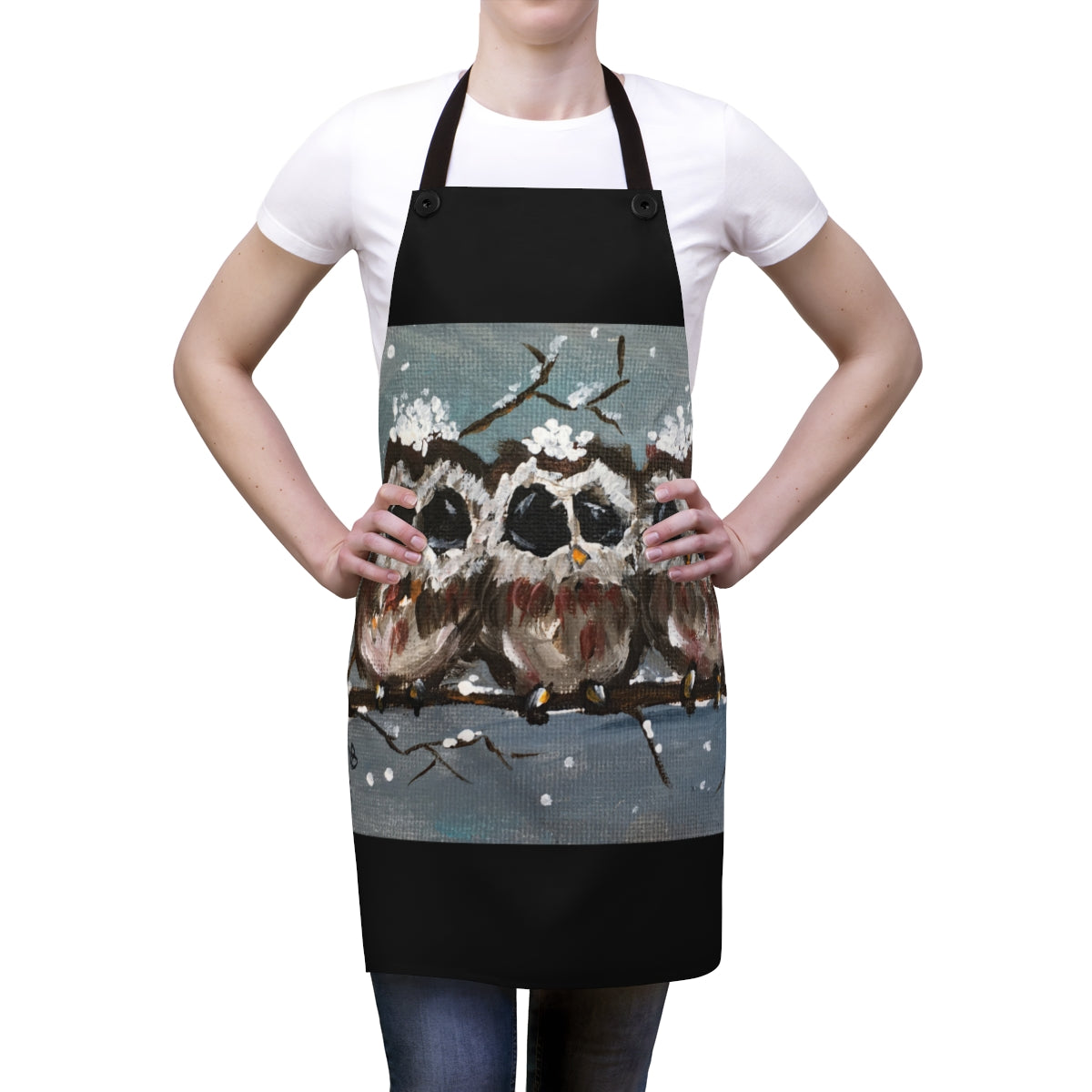 Adorable Baby Owls in the Snow Painting   Printed on Black Apron
