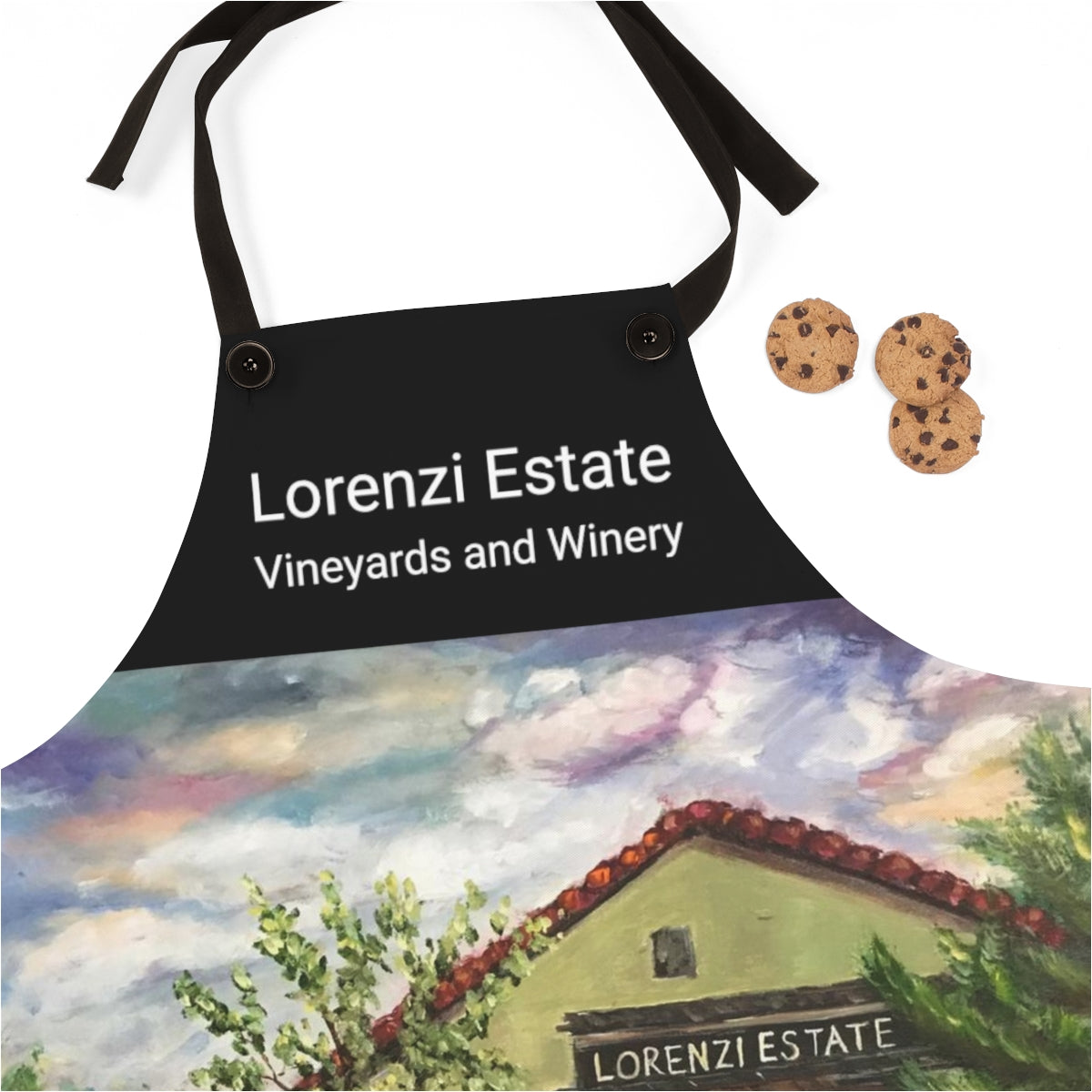 Pintura de viñedos y bodegas de Lorenzi Estate impresa en delantal negro