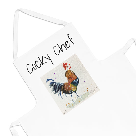 Cocky Chef Whimsical Rooster on Apron Kitchen gift for cooks and Rooster lovers