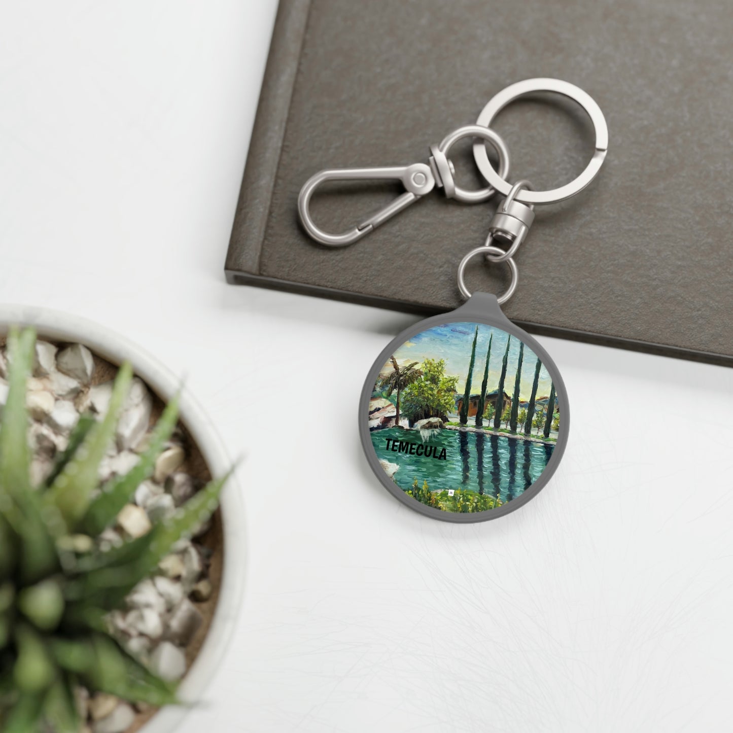 Temecula Keyring featuring "The Pond at Gershon Bachus Vintners" Landscape Painting by Roxy Rich