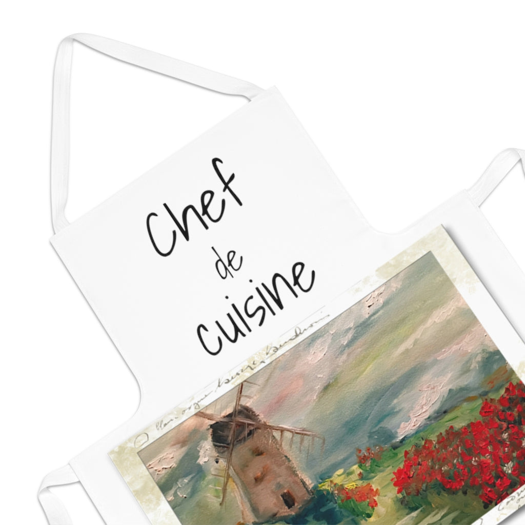 Tablier de chef de cuisine avec moulin à vent dans un champ de coquelicots Peinture de paysage à l'huile originale imprimée dessus Cadeau de cuisine pour les cuisiniers Chef