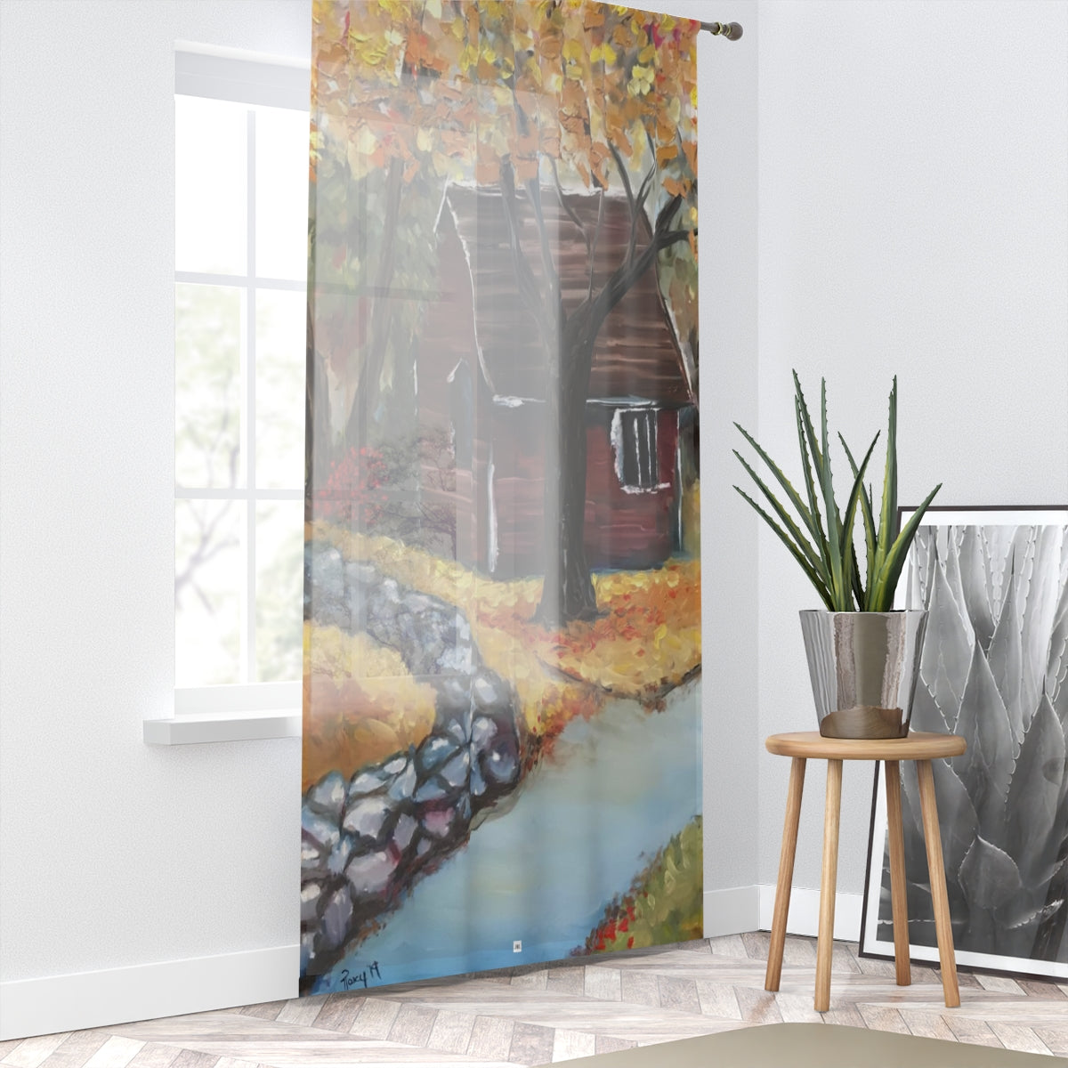 Autumn Barn print on 84 x 50 inch Sheer Window Curtain