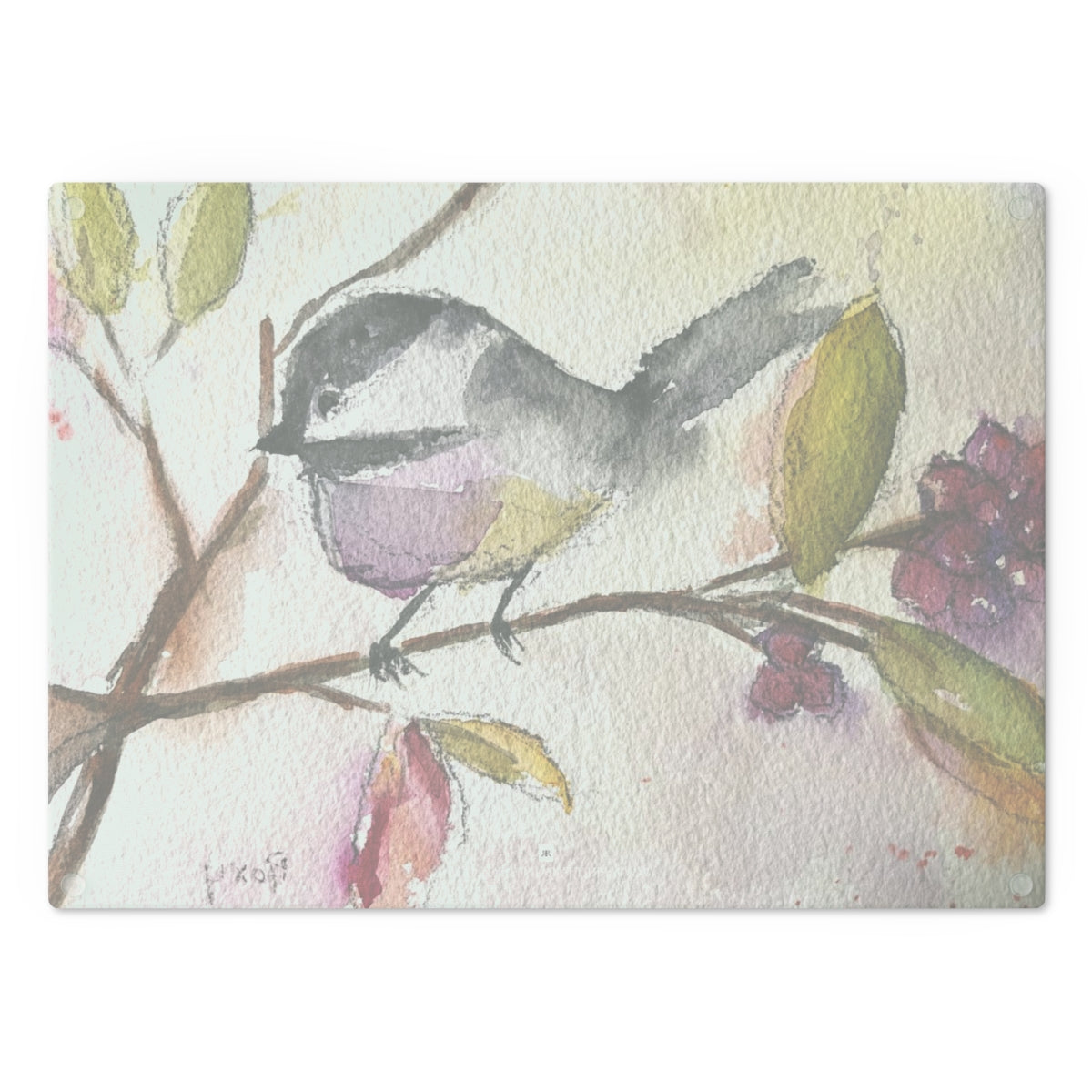 Chickadee in a Berry Tree Glass Cutting Board