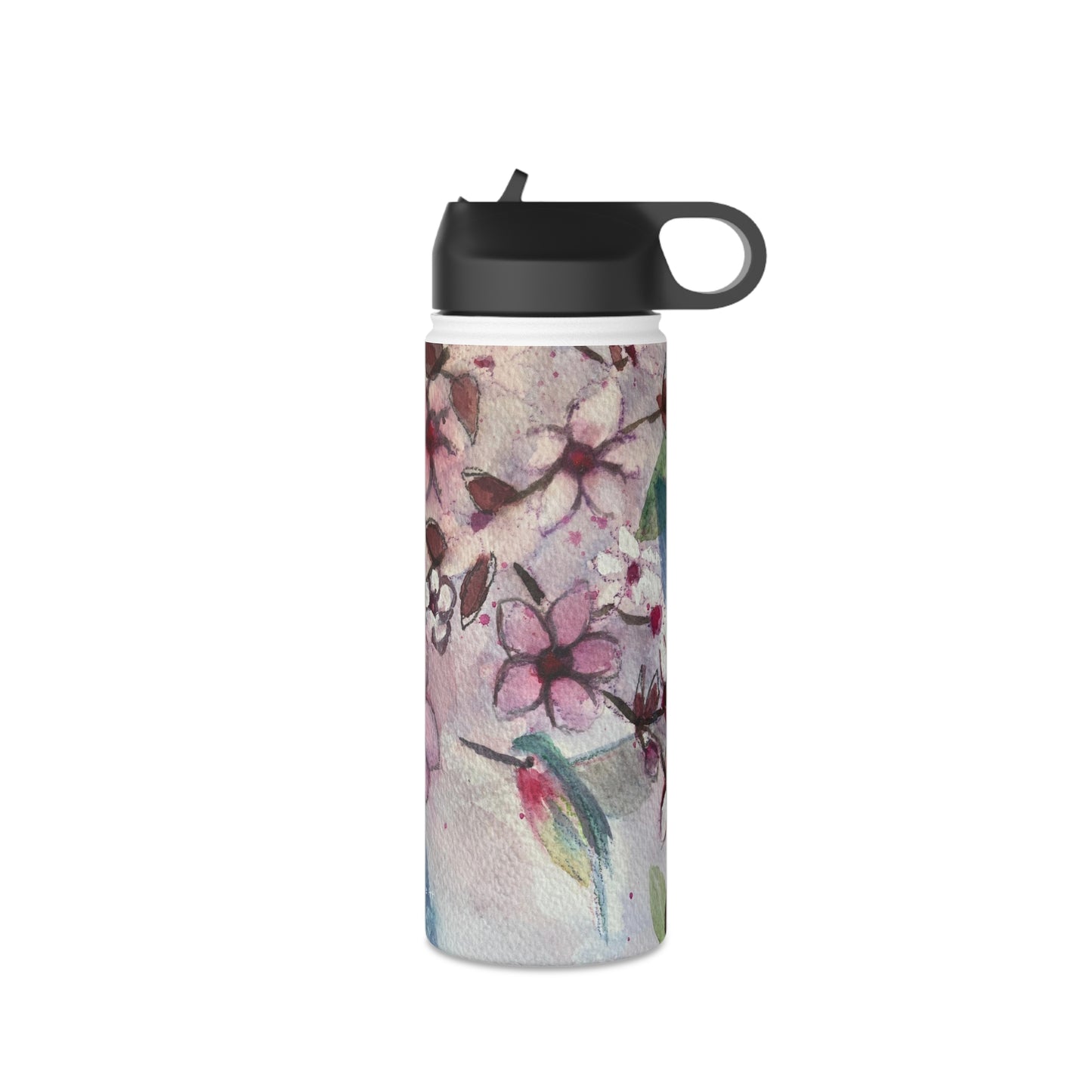 Botella de agua de acero inoxidable con diseño de colibrí en flores de cerezo, tapa estándar