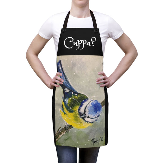 Cuppa? English UK phrase saying on a Black Kitchen Apron  with Original  Blue Tit  in the Snow Painting Art Print Wearable Art