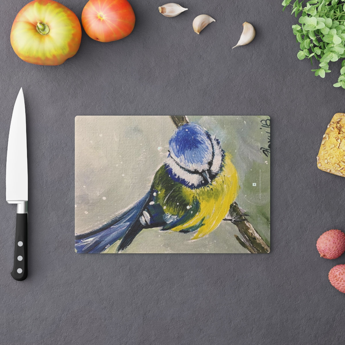 Blue Tit in Snow Glass Cutting Board