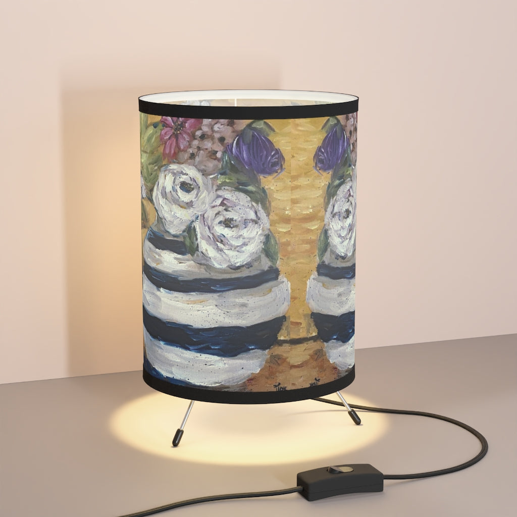 Roses in a Striped Vase Tripod Lamp