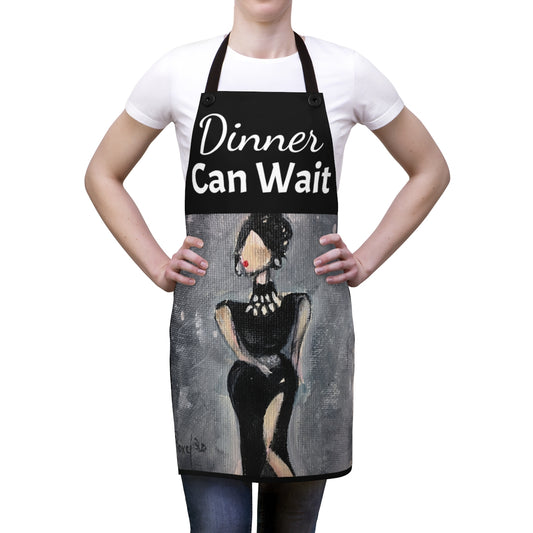 Le dîner peut attendre sur un tablier de cuisine noir Dame élégante dans une robe de soirée Vamp
