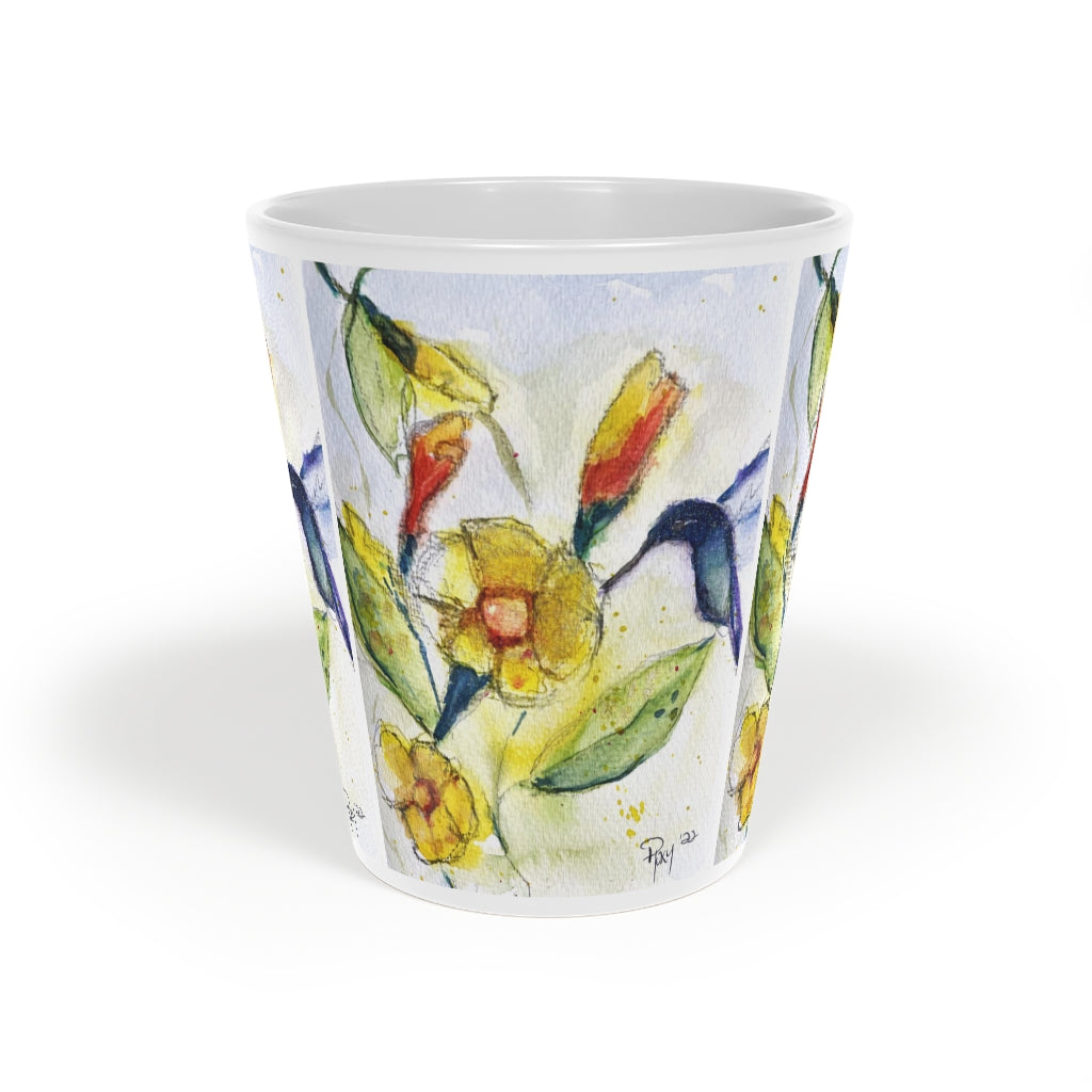 Tasse à latte Colibri bleu avec fleurs en tube jaune, 12 oz