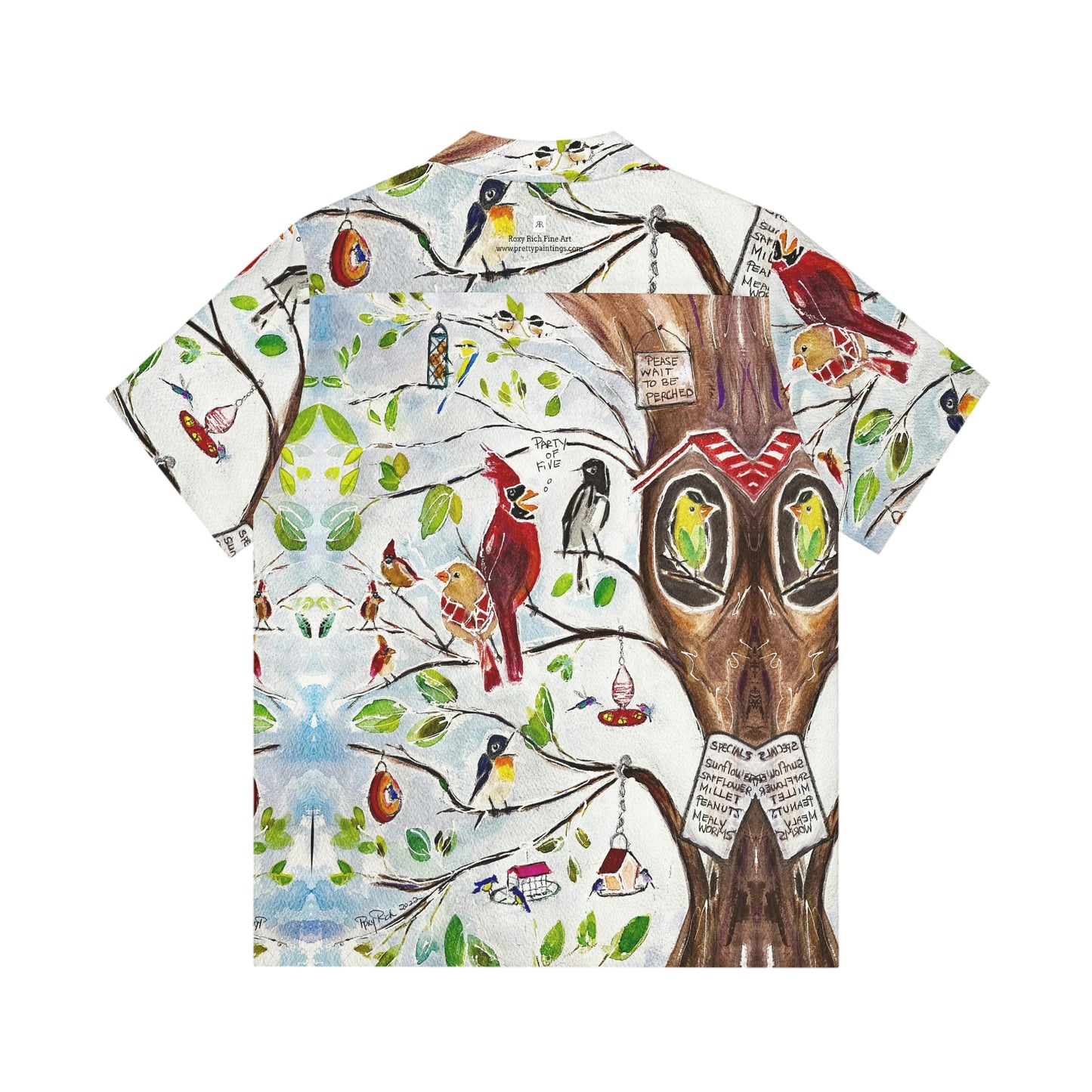 Party of Five Birds at Tree Restaurant Painting Men's Hawaiian Shirt