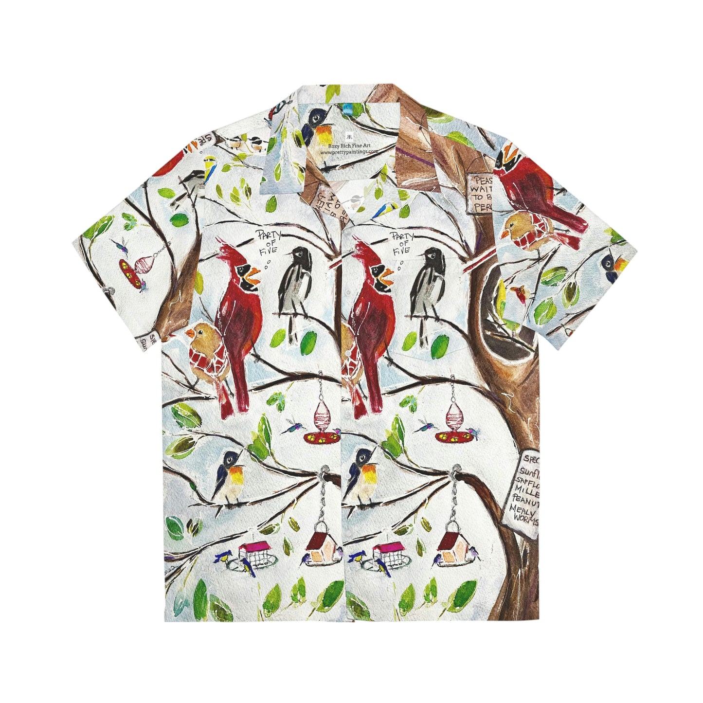 Fiesta de cinco pájaros en el árbol restaurante pintura camisa hawaiana para hombre
