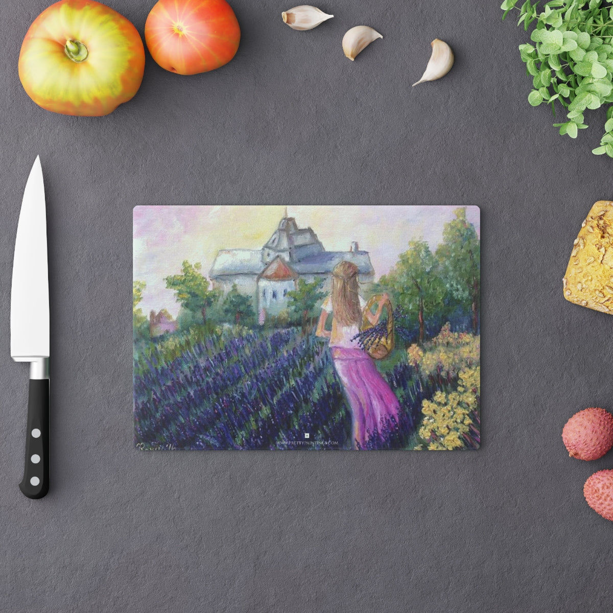 Girl in a Lavender Field Glass Cutting Board