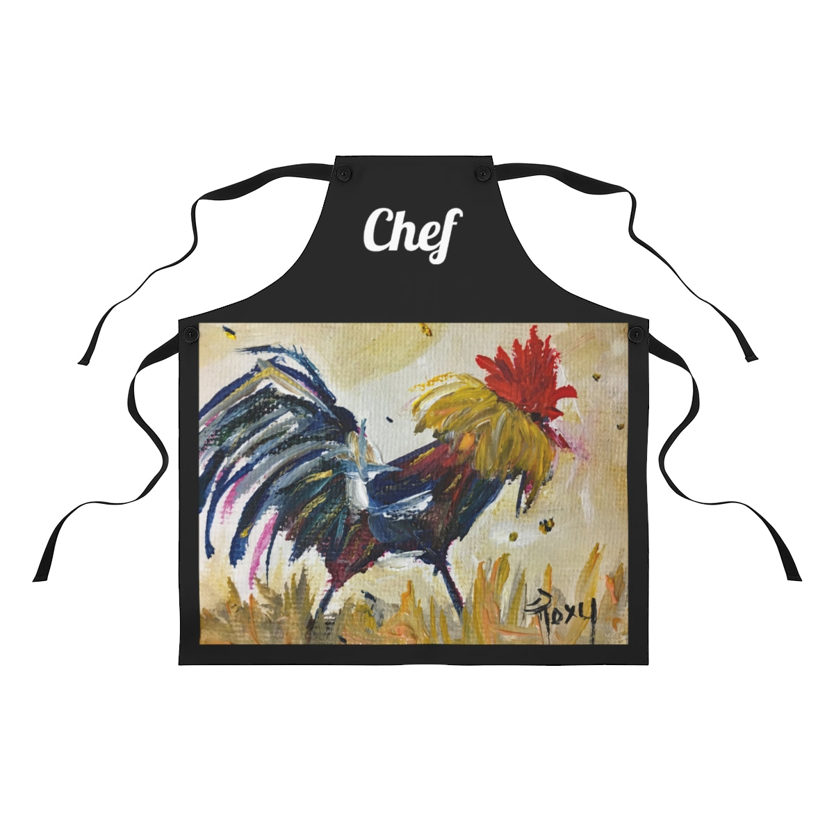 Tablier de cuisine noir de chef avec peinture originale de coq Impression d’art portable