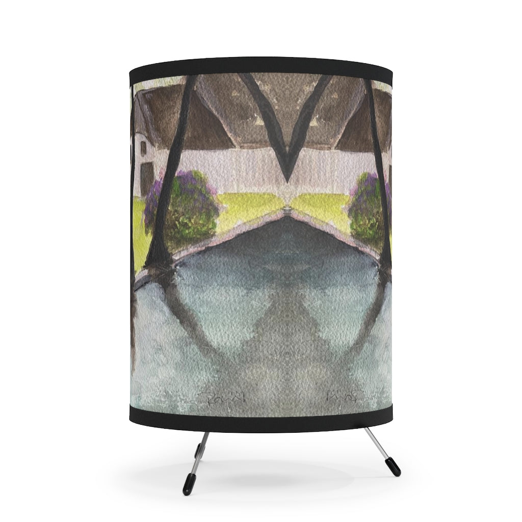 Original Netherlands Village Landscape Painting on Tripod Lamp with High-Res Printed Shade, USCA plug