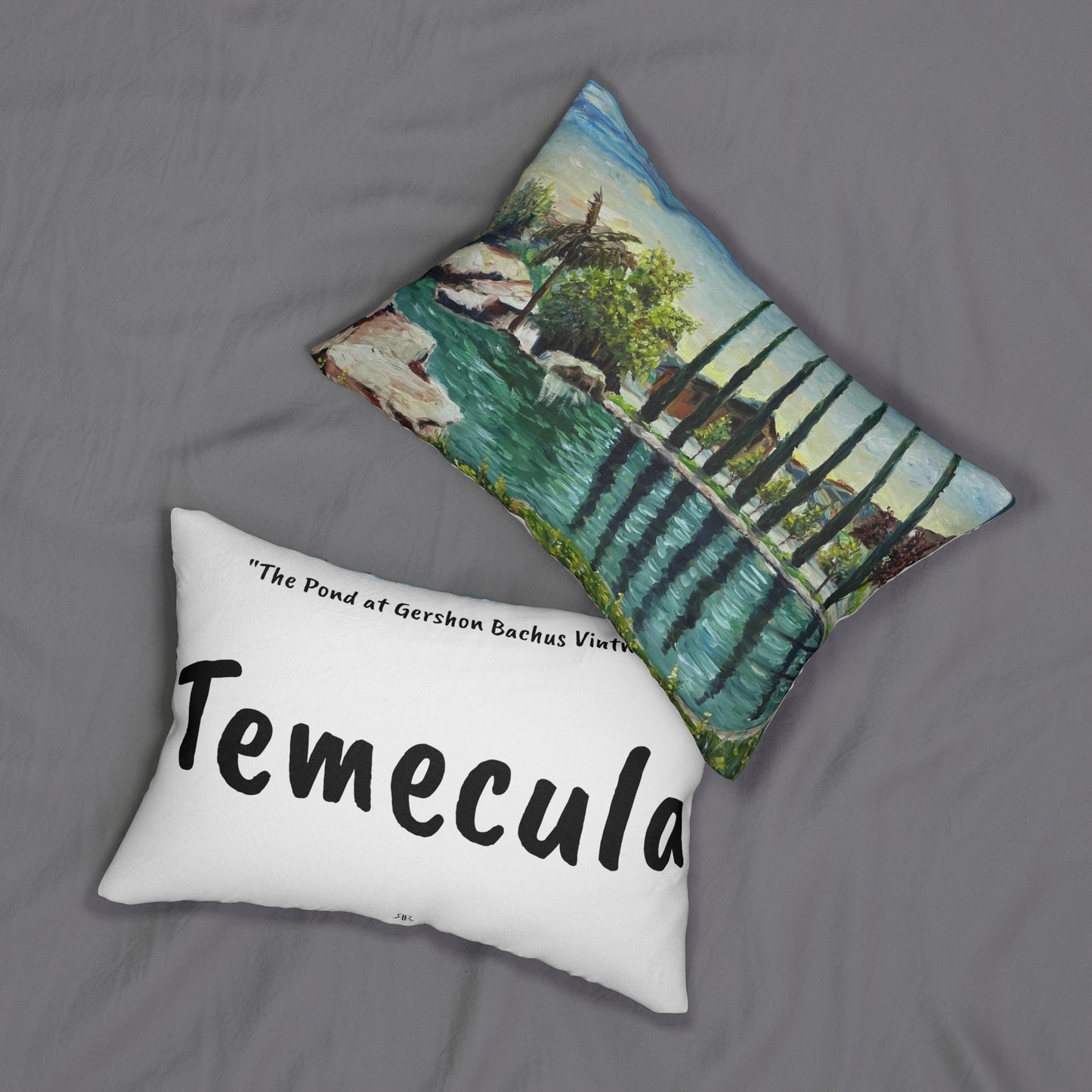 Temecula Lumbar Pillow featuring "The Pond at Gershon Bachus Vintners" painting and "Temecula"
