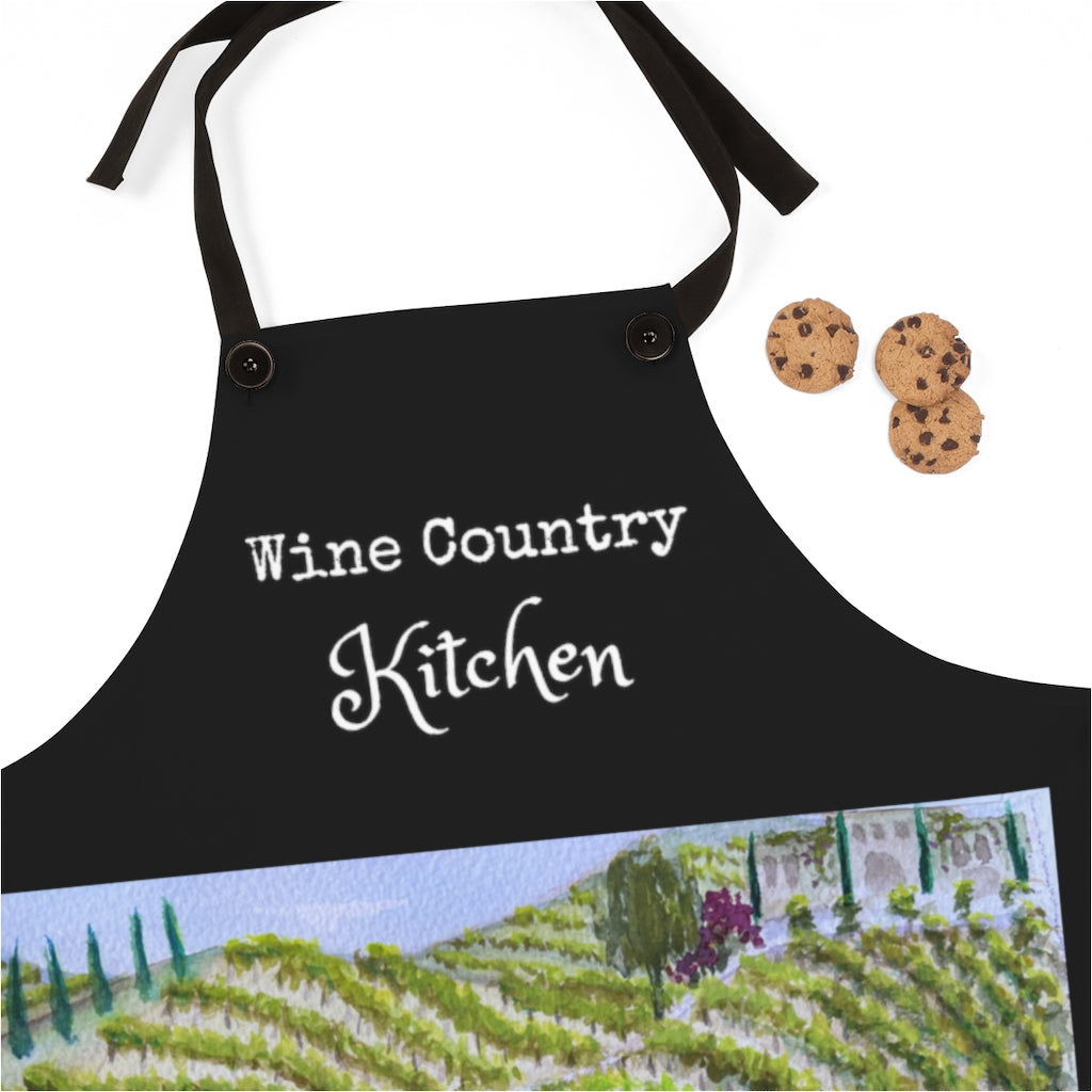 Wine Country Kitchen Chef  Black Kitchen Apron  with Original  Vineyard Painting Art Print Wearable Art
