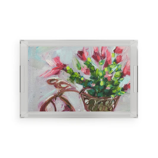Christmas Cactus in a Bicycle Basket Acrylic Serving Tray