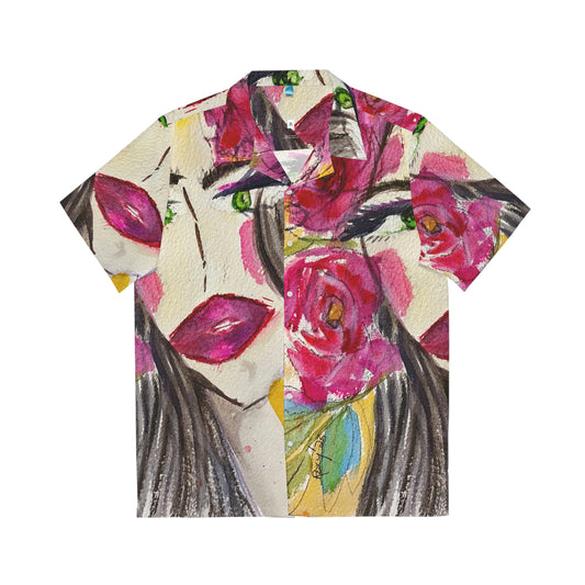 Dama con labios rojos y rosas "uh huh" Camisa hawaiana original para hombre en acuarela