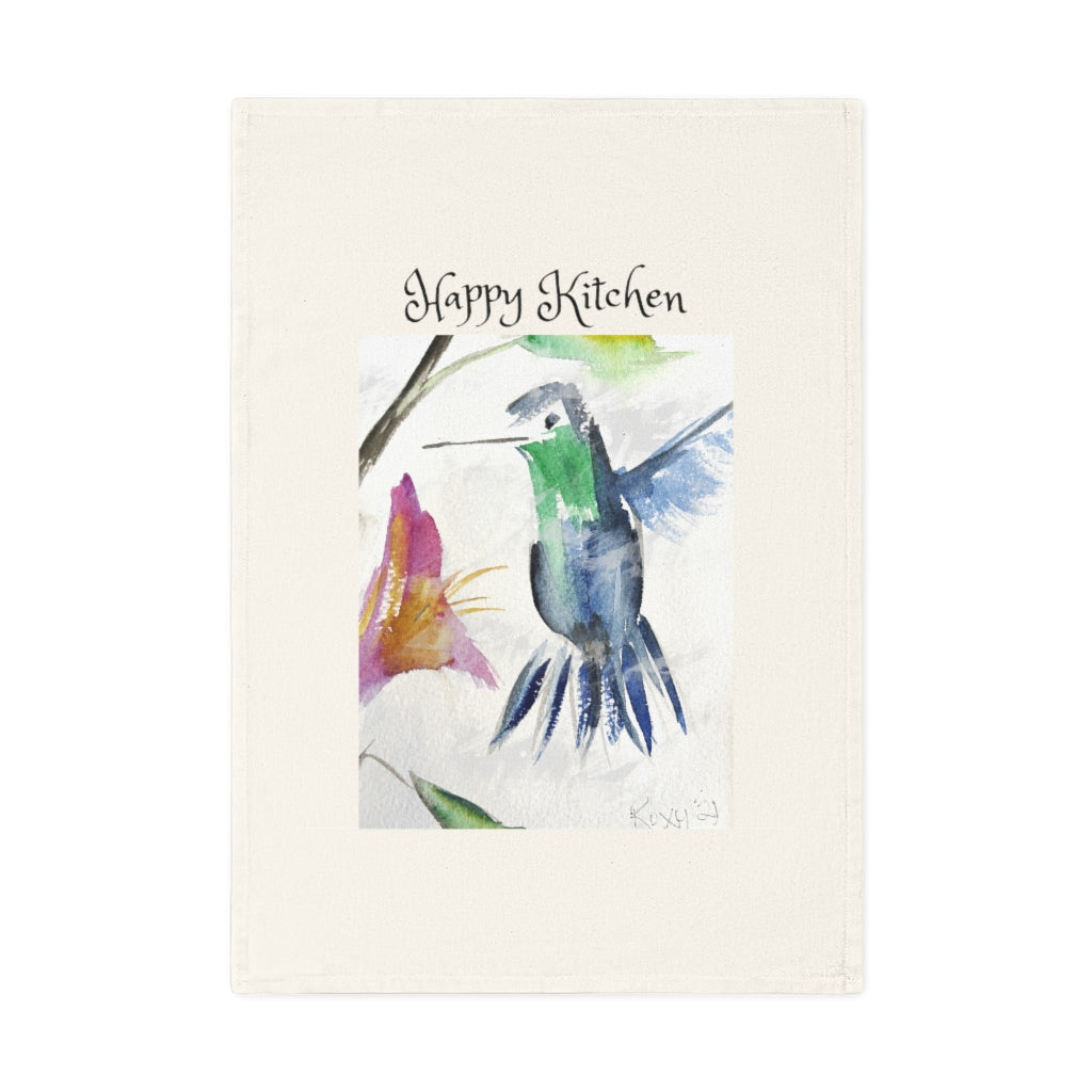 Organic Vegan Cotton Tea Towel with Happy Kitchen and Original Blue Hummingbird Watercolor  painting printed on it.