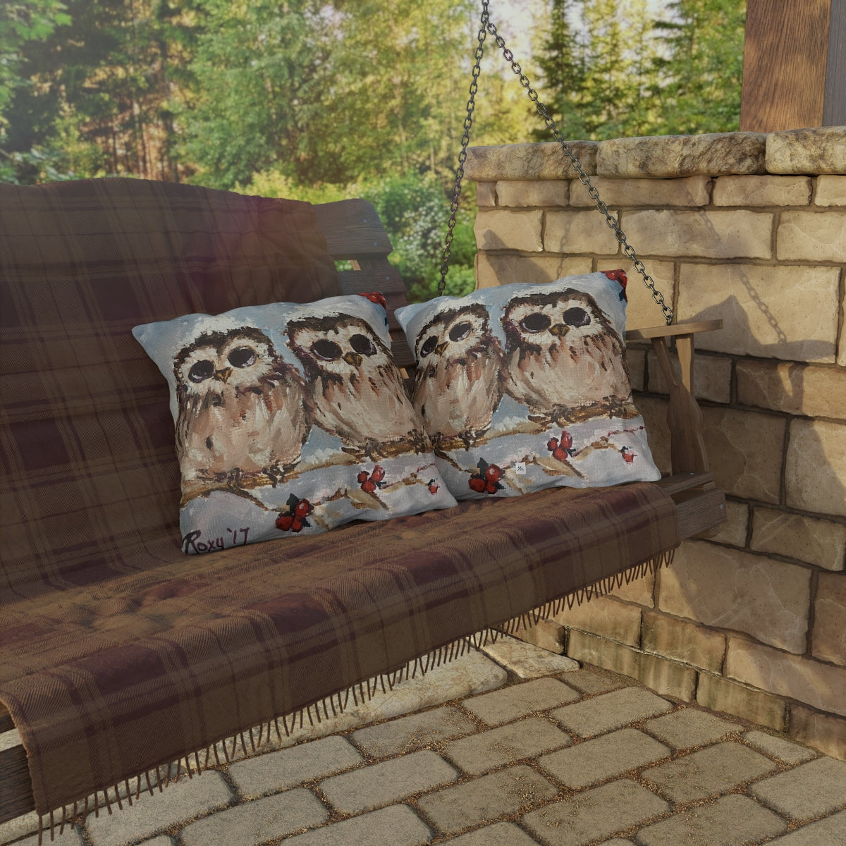 Adorable Baby Owls in Snow Outdoor Pillows