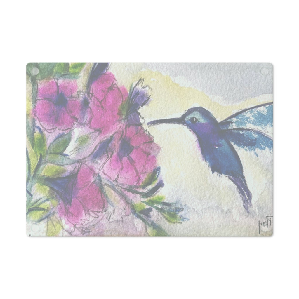 Hummingbird with Pink Flowers Glass Cutting Board
