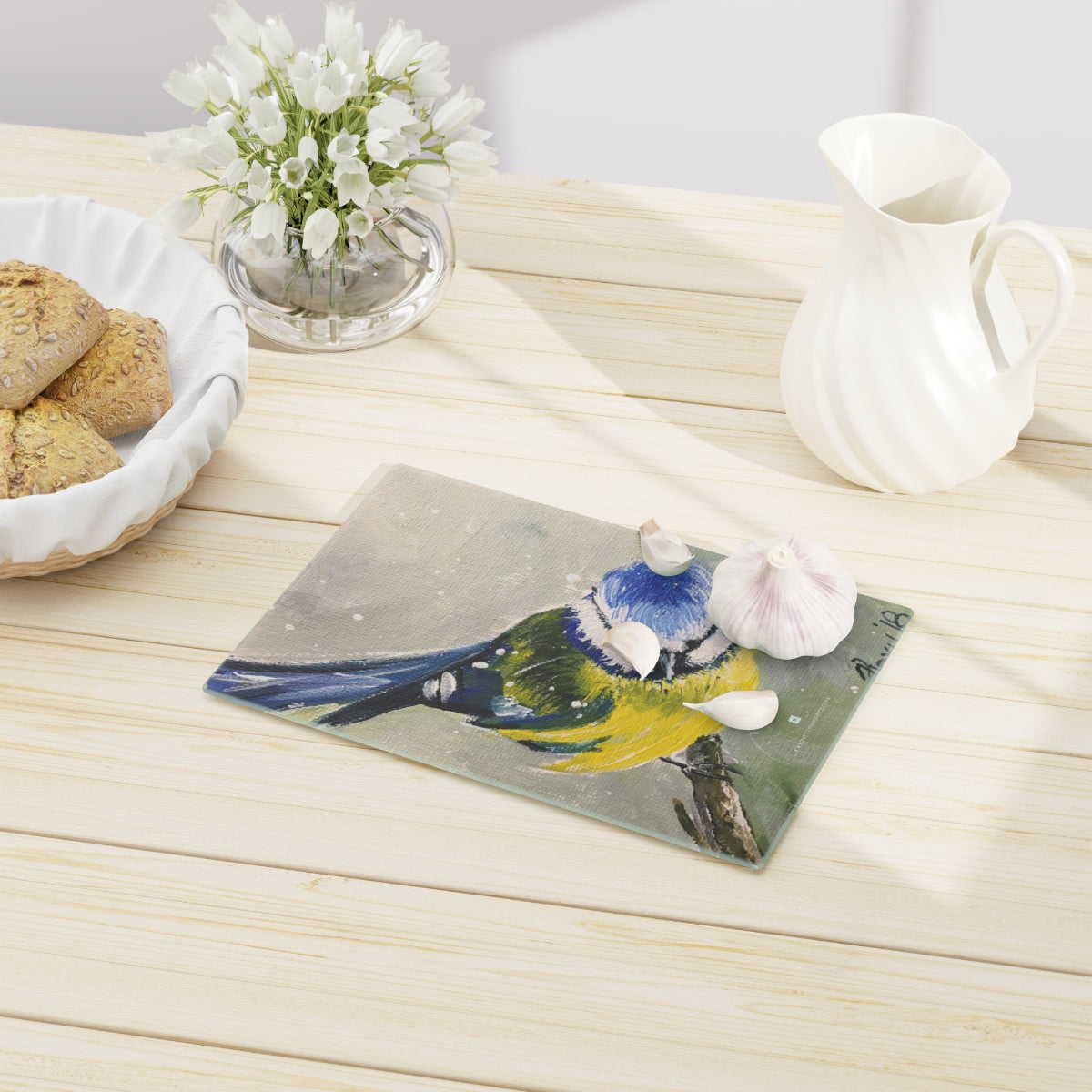 Blue Tit in Snow Glass Cutting Board