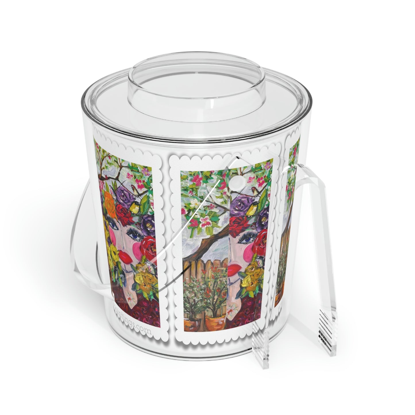 Birds and Blossoms Wine or Ice Bucket with Tongs