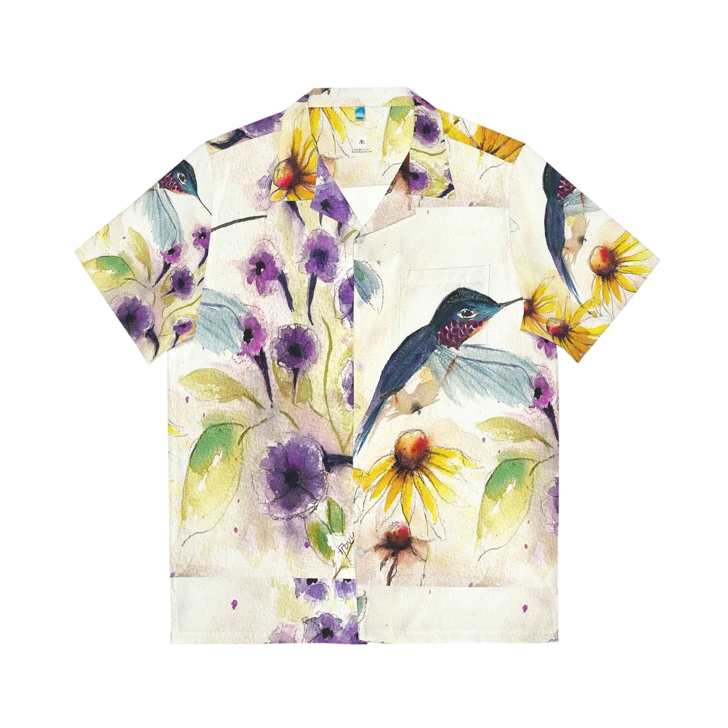 Happy Hummingbird Original Loose Floral Watercolor painting Flowers Men's Hawaiian Shirt