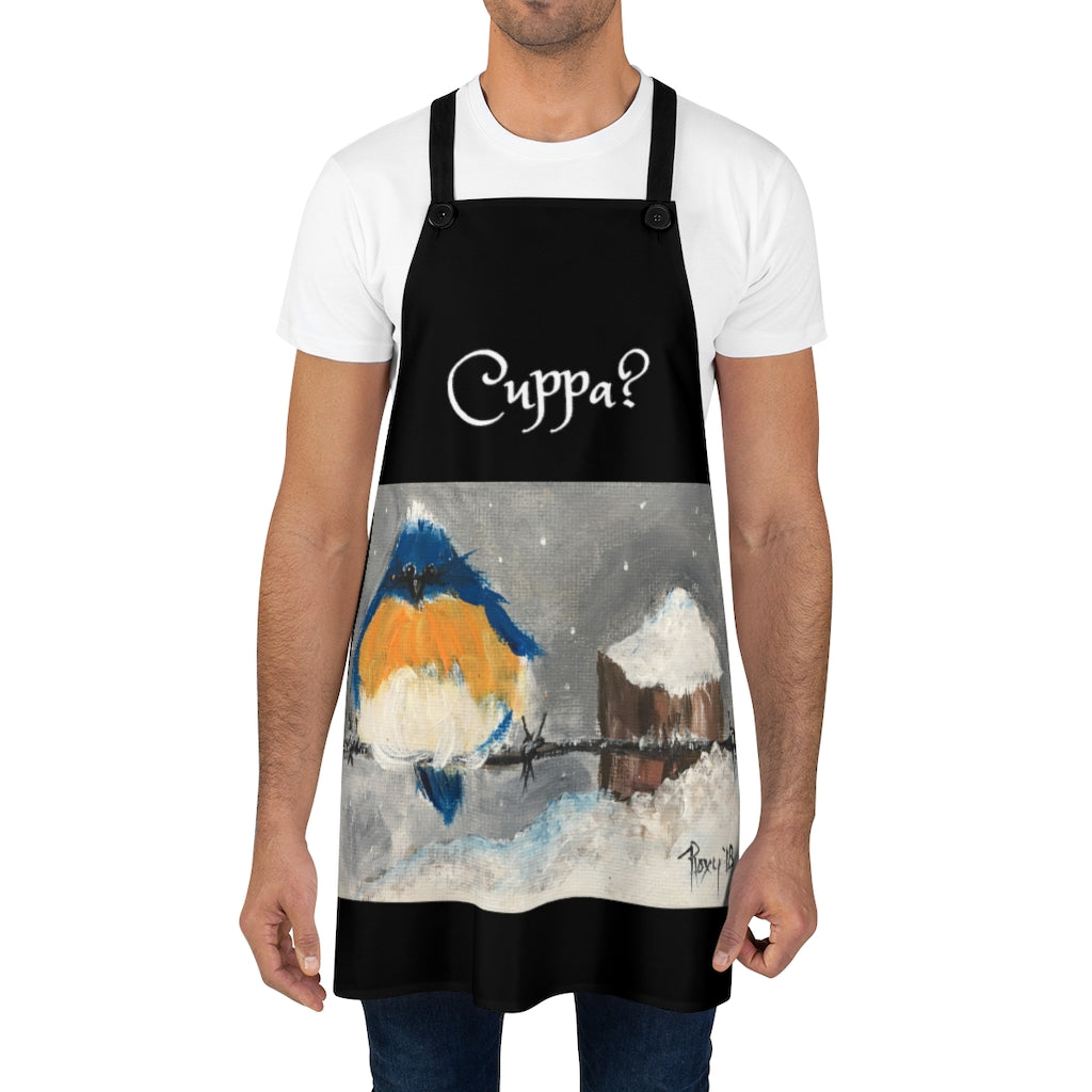 Cuppa? English UK phrase saying on a Black Kitchen Apron  with Original  Bluebird in the Snow Painting Art Print Wearable Art