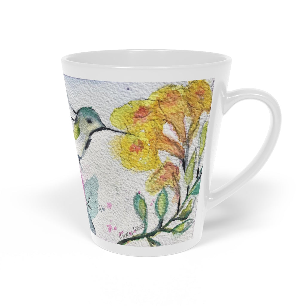 Whimsical Hummingbird Trumpet Vine Latte Mug, 12oz Art Gift