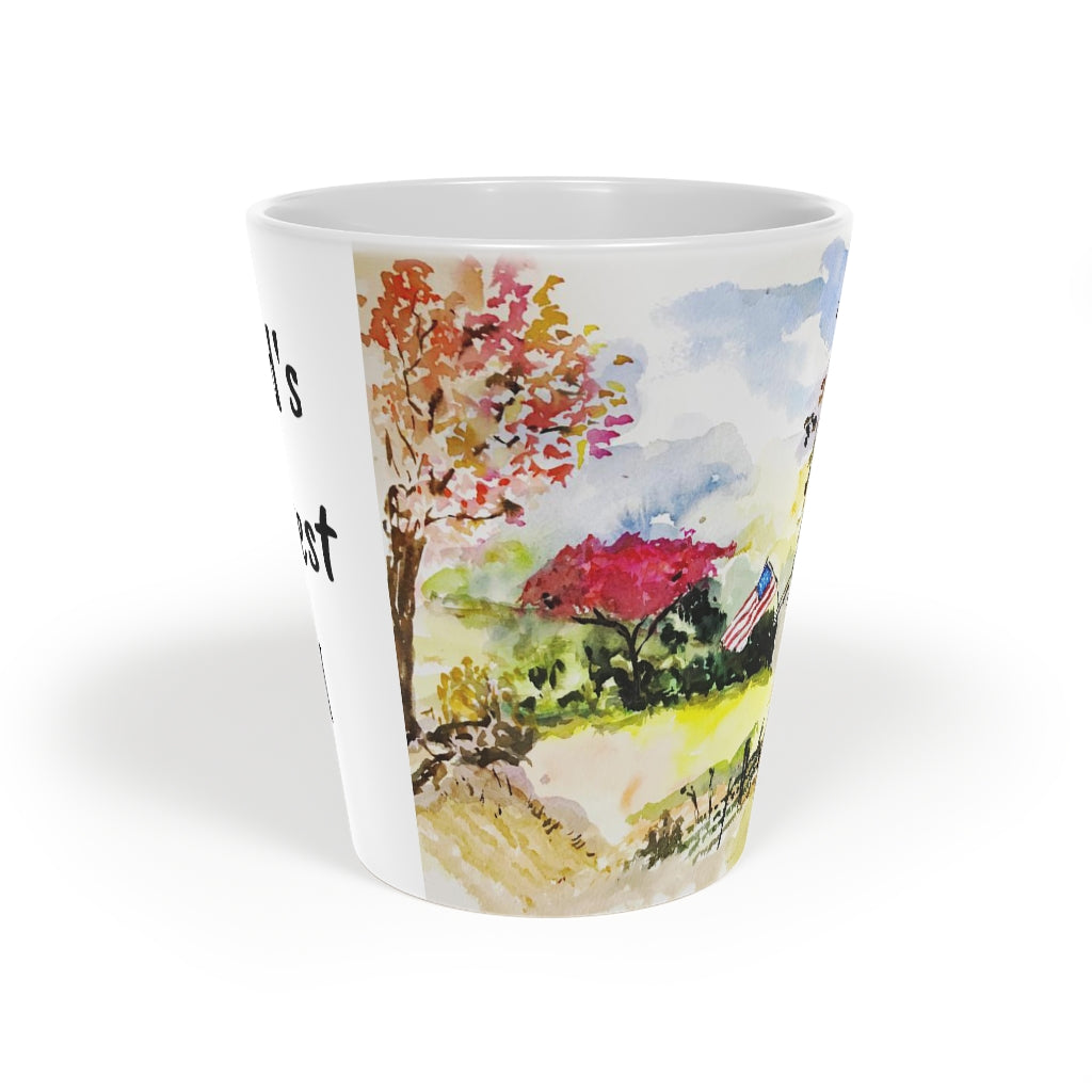 Father's Day Mug "World's Greatest Dad" with Original Patriotic Watercolor Landscape painting and American Flag printed on it. 12oz