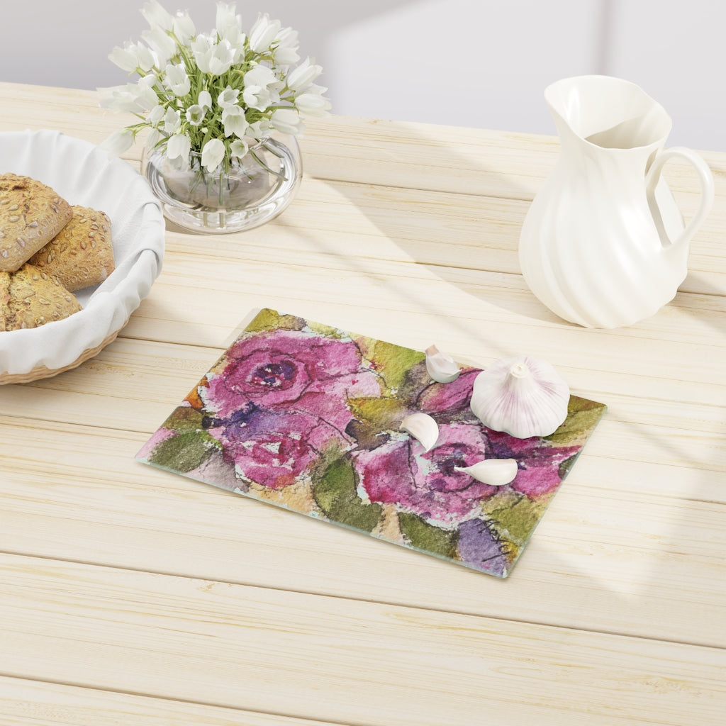 Pink Roses Glass Cutting Board