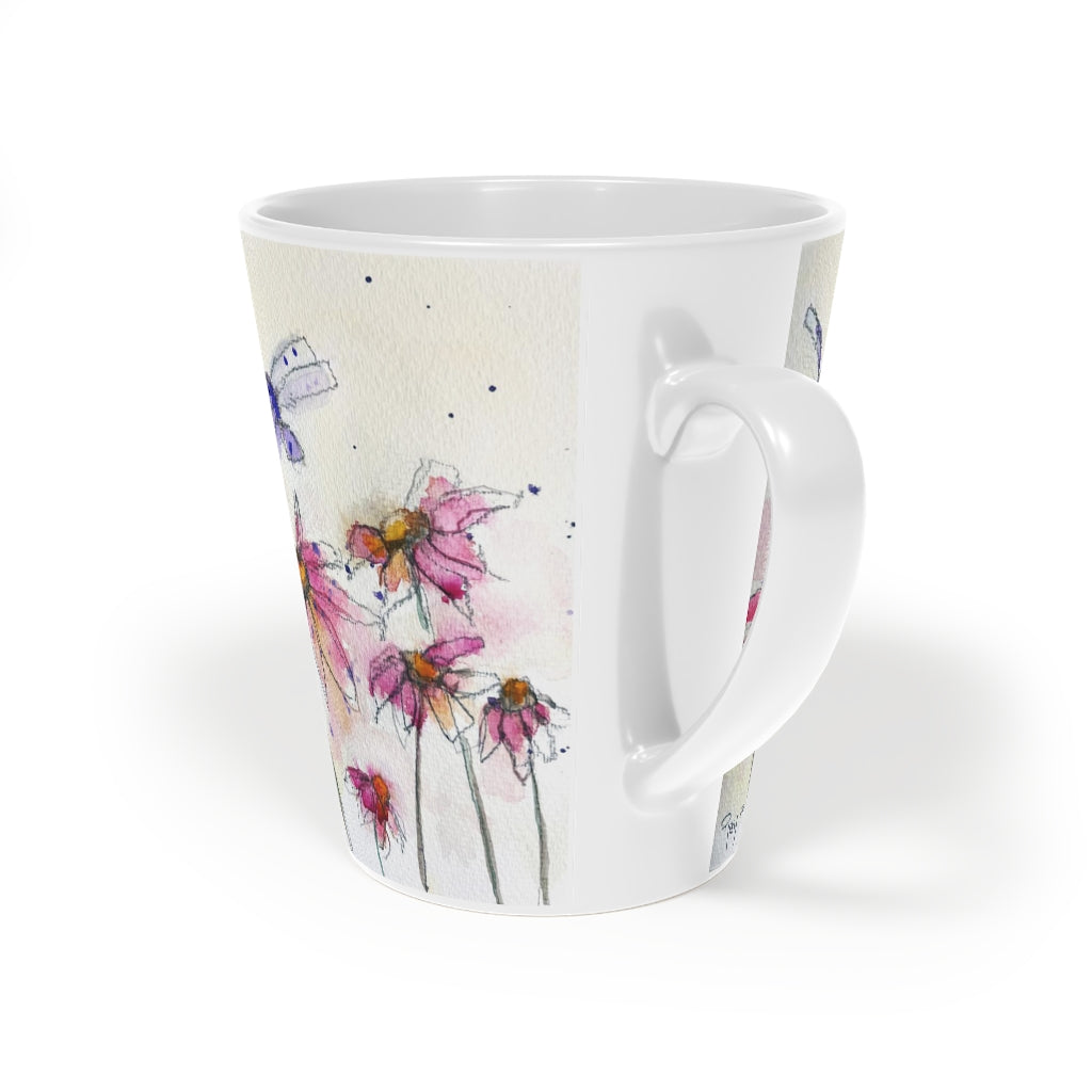Whimsical Purple Dragonfly with Pink Coneflowers  Latte Mug, 12oz