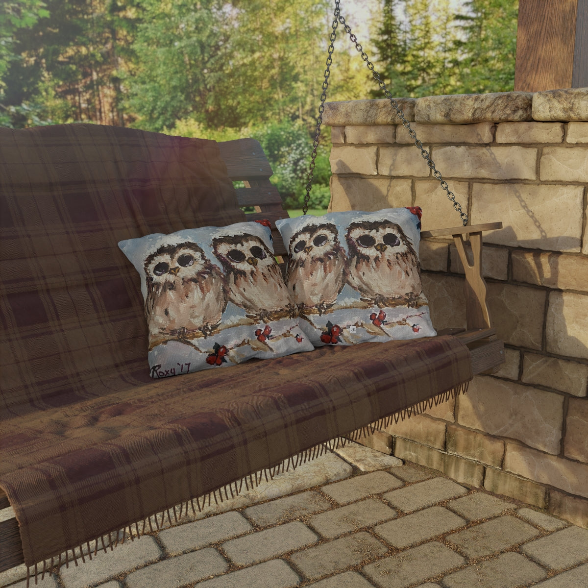 Adorable Baby Owls in Snow Outdoor Pillows