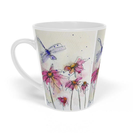 Taza de café con leche con diseño de libélula morada y equináceas rosas, 12 oz