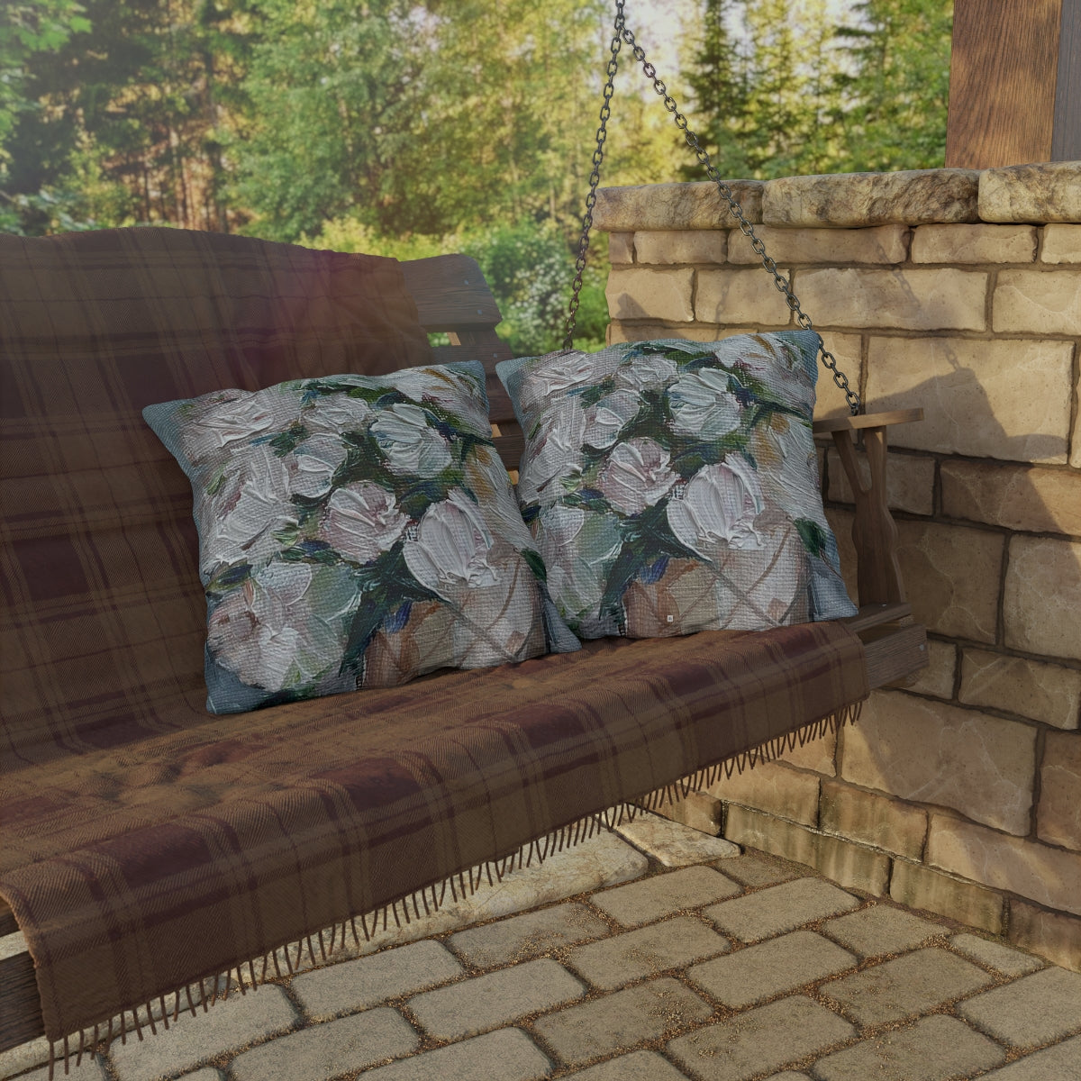 White Peonies in a Basket Outdoor Pillows