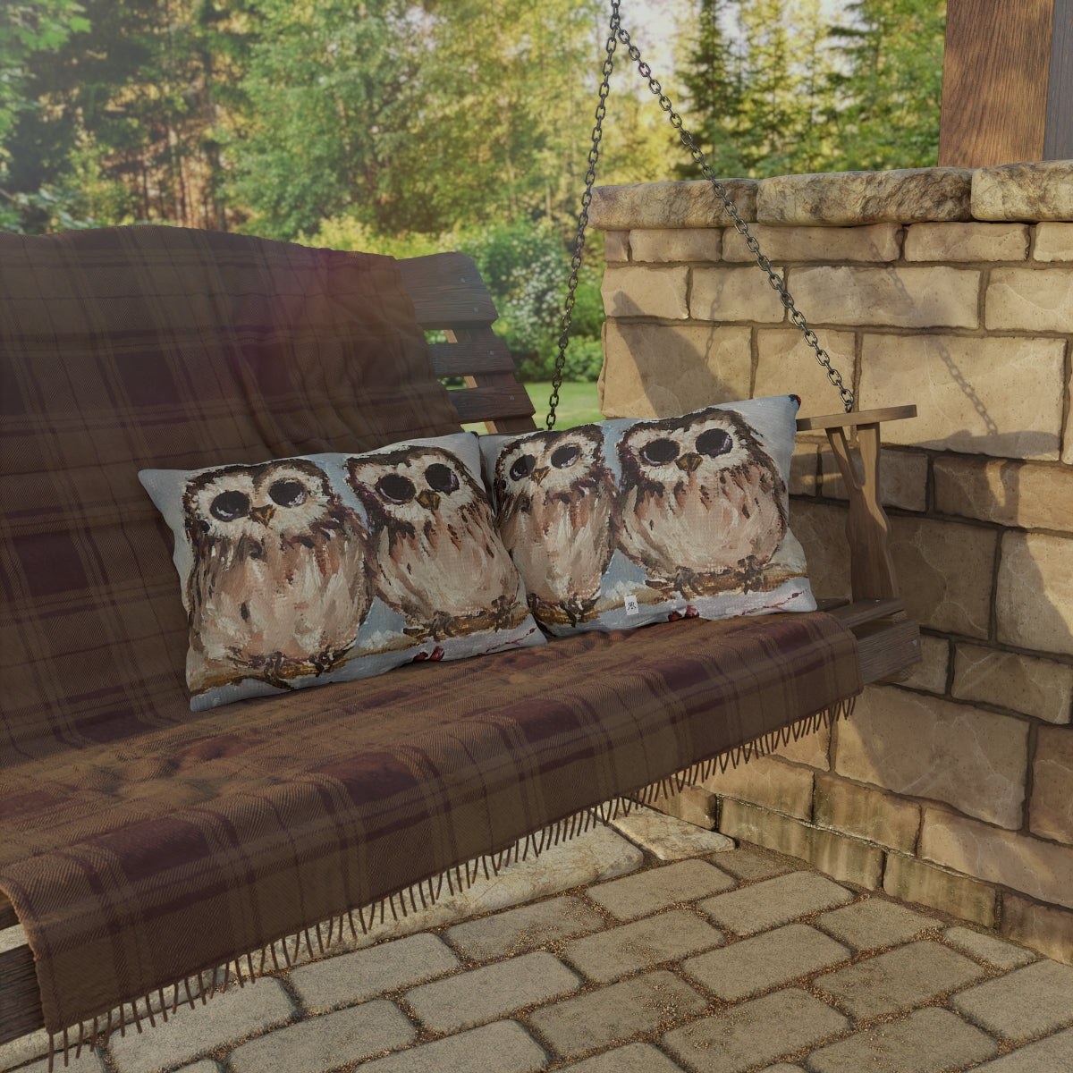 Adorable Baby Owls in Snow Outdoor Pillows