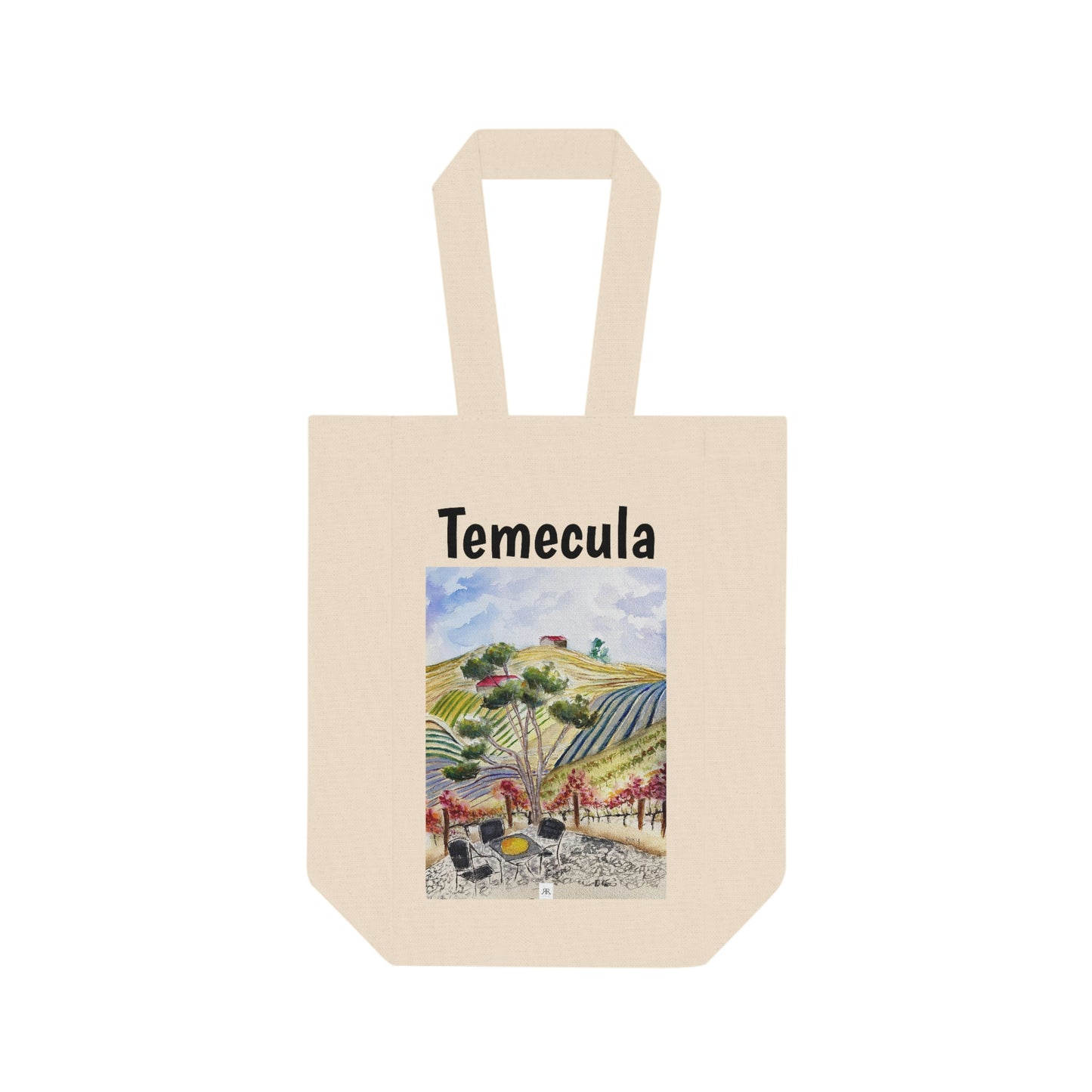 Bolsa de mano doble para vino de Temecula con la pintura "Vista desde el patio en GBV"