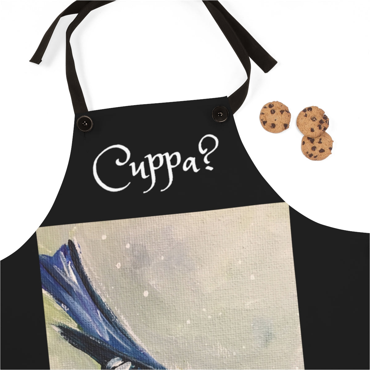Cuppa? English UK phrase saying on a Black Kitchen Apron  with   Blue Tit  in the Snow