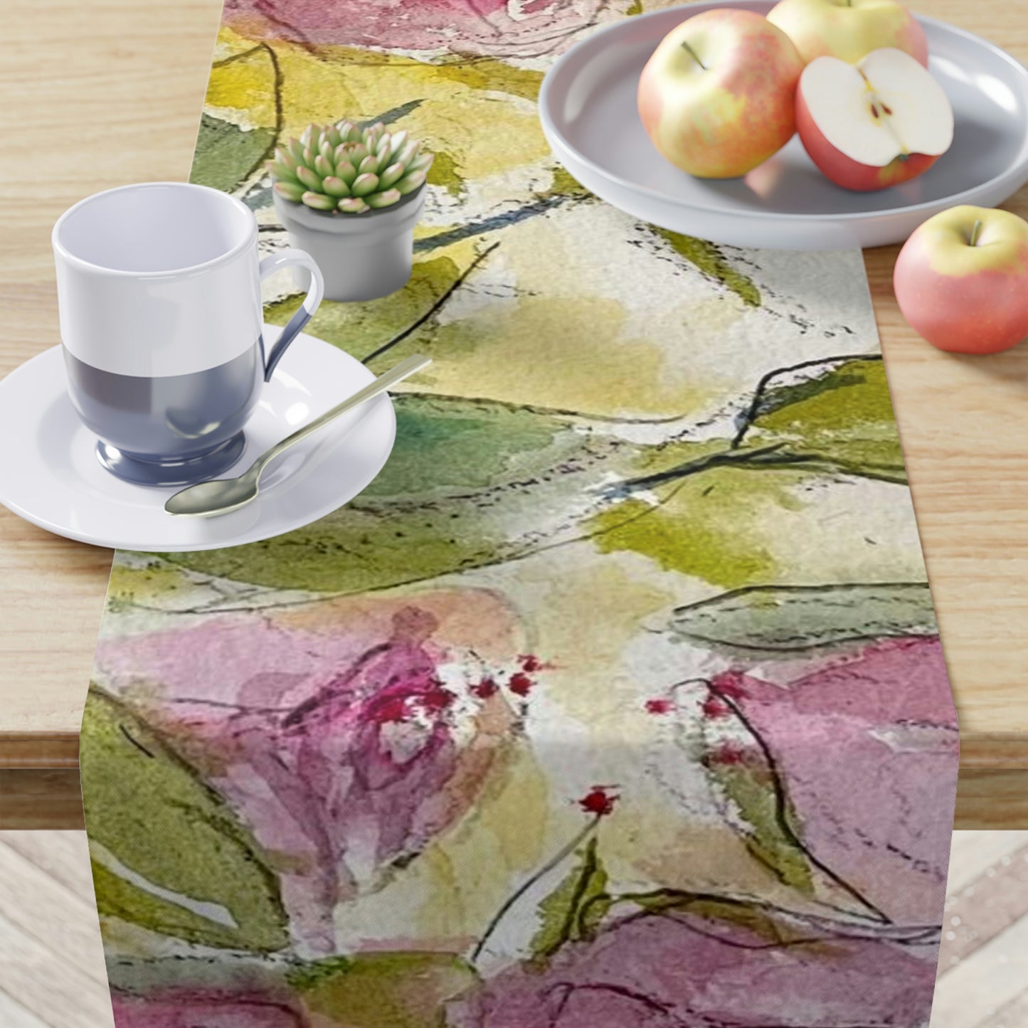 Pink Roses and Green Leaves Table Runner