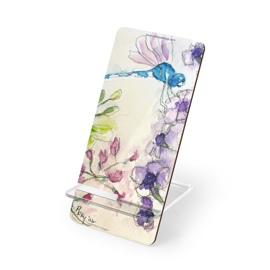 Soporte para teléfono con libélula azul y flores de tubo morado