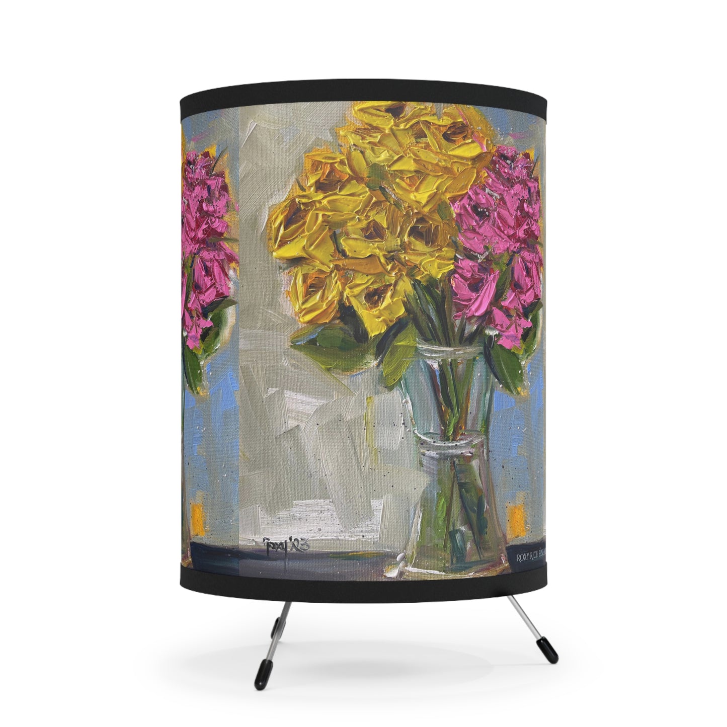 Pink and Yellow Roses Tripod Lamp