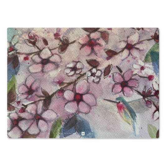 Planche à découper en verre Colibri dans les fleurs de cerisier
