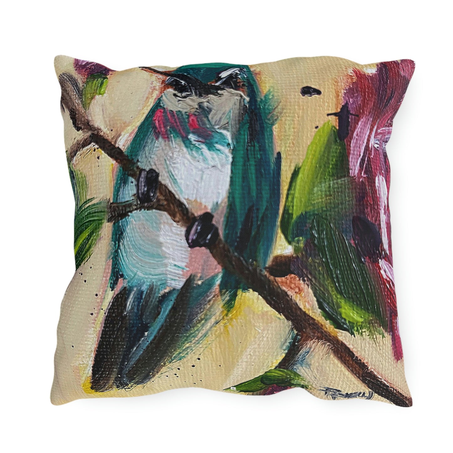 Hummingbird on a Rose Bush Outdoor Pillows