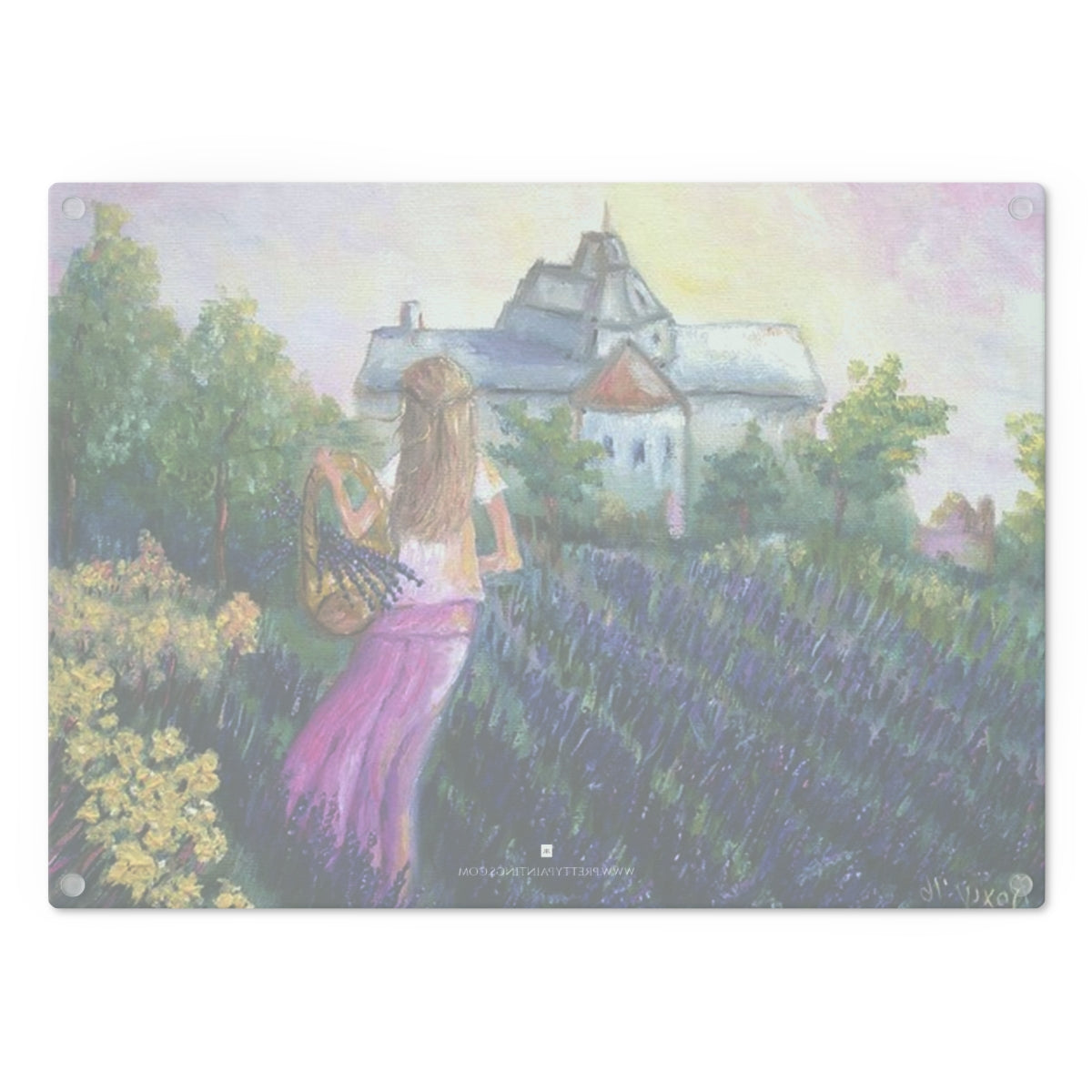 Girl in a Lavender Field Glass Cutting Board