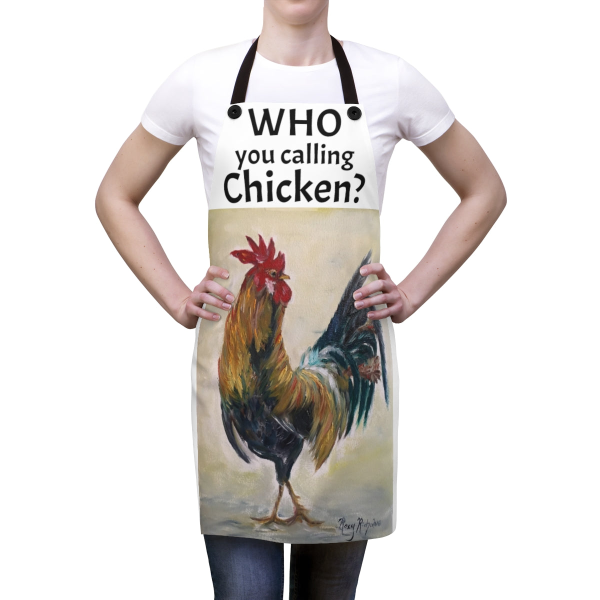 Pintura original de gallo ¿A quién llamas pollo? dicho divertido Impreso en blanco Delantal
