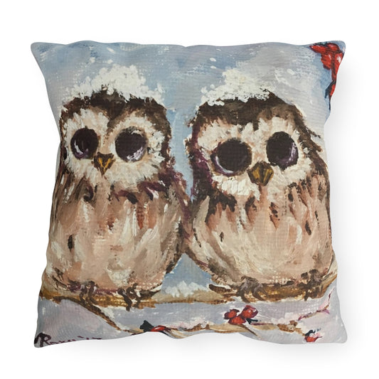 Adorable Baby Owls in Snow Outdoor Pillows