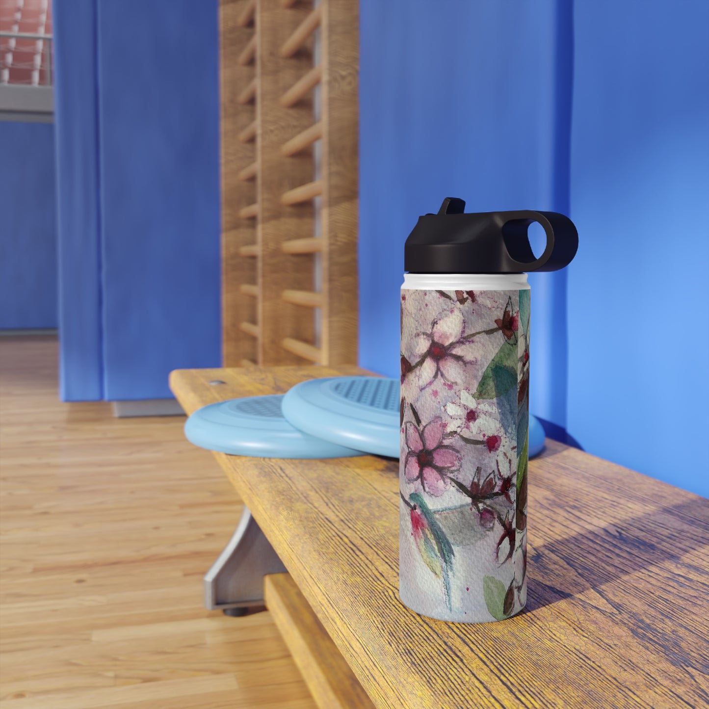 Botella de agua de acero inoxidable con diseño de colibrí en flores de cerezo, tapa estándar